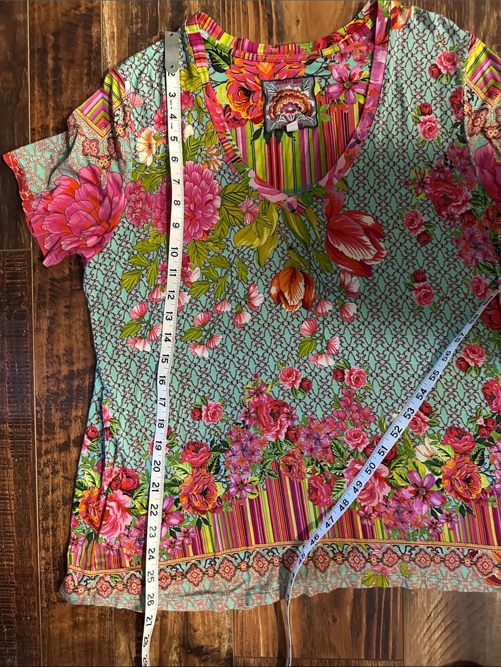 Johnny Was Floral V-Neck Short Sleeve Tee in Mint, Pink, Green - Picture 4 of 6